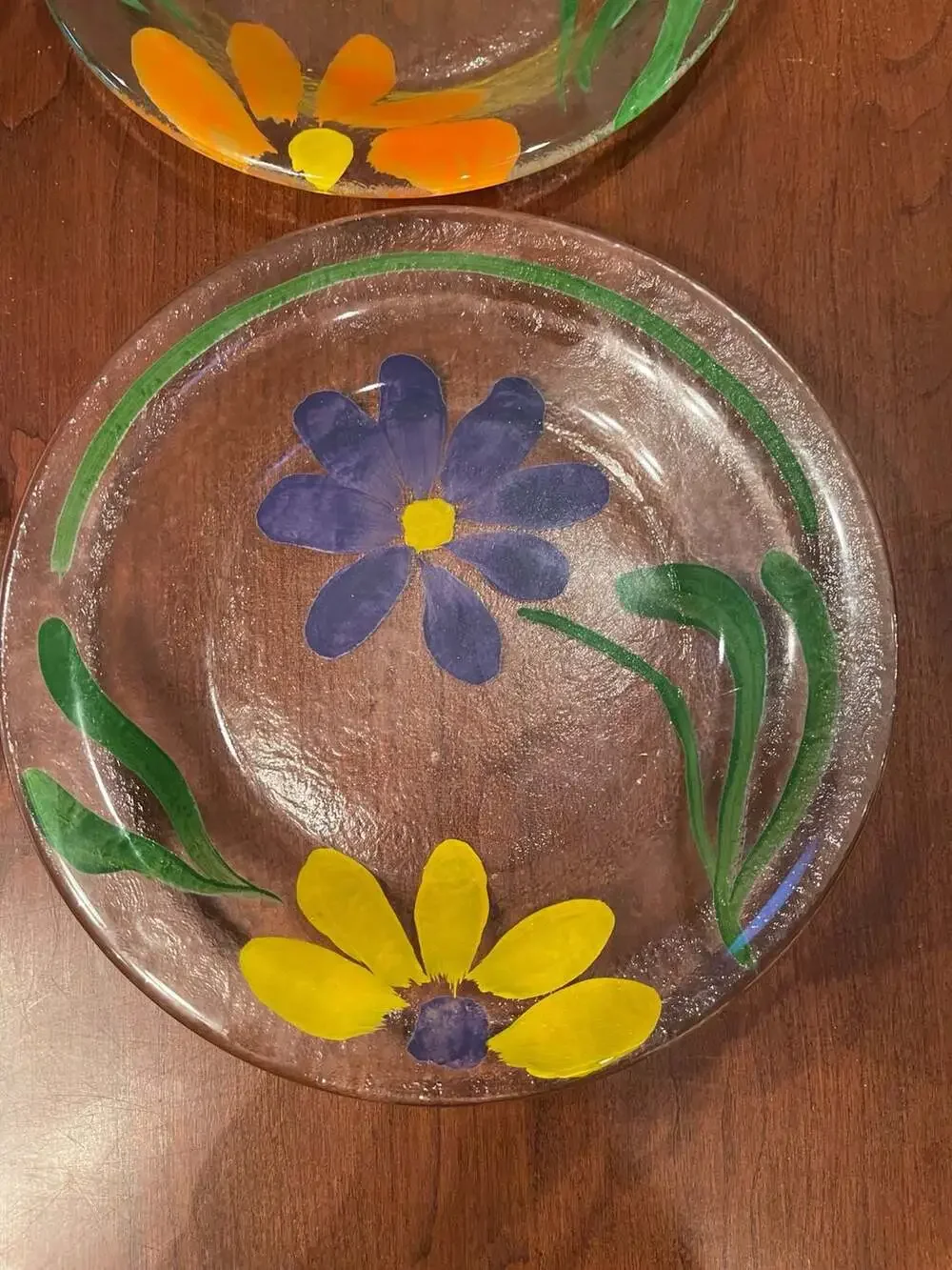 Set of 4 Hand-Painted Floral Textured Glass Salad Plates